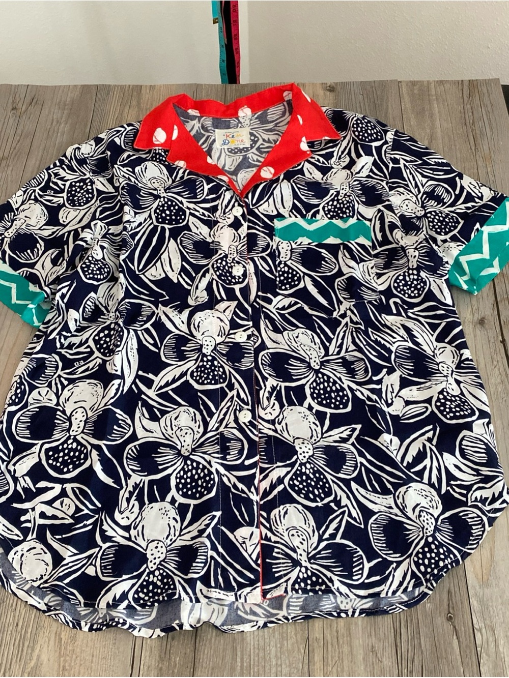 Vtg Ken Done Women’s Floral Button Shirt Teal Chevron Pocket USA Medium